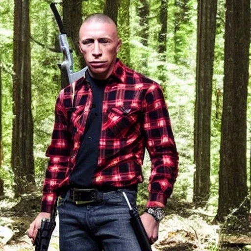 Georges st pierre with a red plaid shirt and a shotgun in the forest