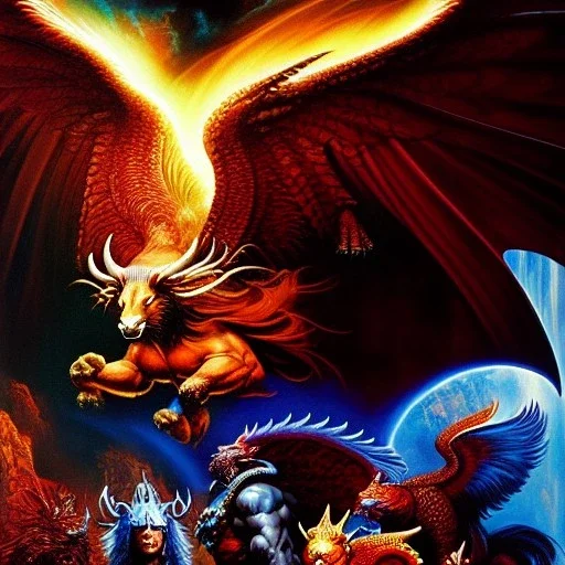 portrait oil on canvas,'four beasts of revelation 4',comic book cover, mystical colors,insanely detailed,realistic,intrincate detail, 16k resolution, masterpiece,Simon Bisley,Frank Frazetta,Alex Horley,ARTHUR ADAMS