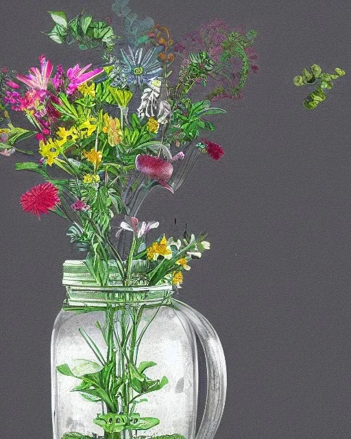 a glass jar watering can filled with plants, highly detailed, digital art, sharp focus, trending on art station, illustration