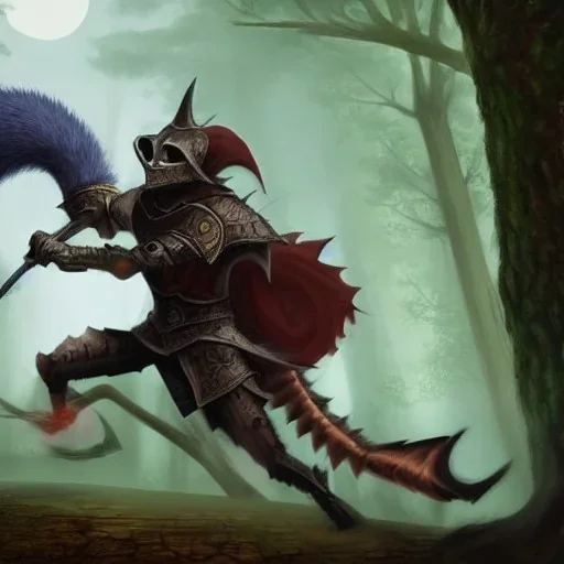 Fantasy image,d&d, medievil warrior person running from a Giant squirrel