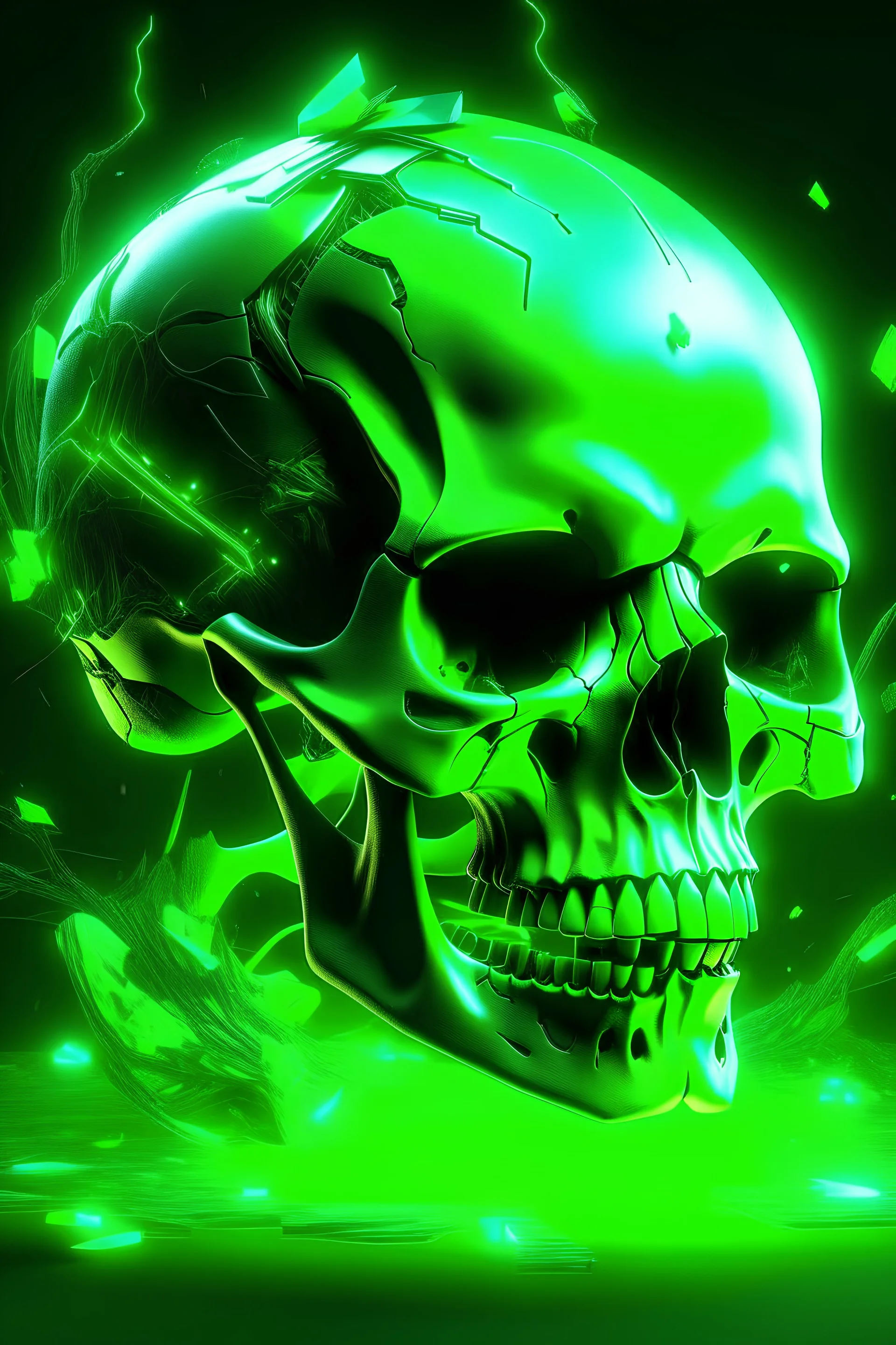 huge glowing green skull screeching and destroying the area around it glowing with music notes around the area and the energy is destroying the area