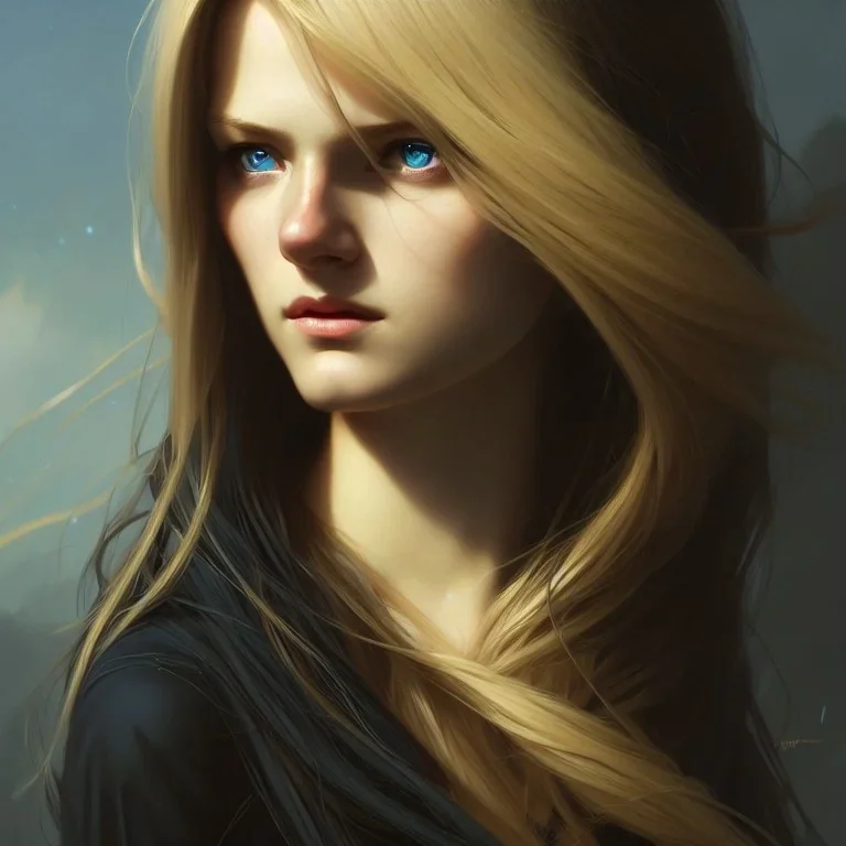 girl, beautiful, long hair, wavy hair, blonde hair, skinny, blue eyes, black outfit, head and shoulders portrait, 8k resolution concept art portrait by Greg Rutkowski, Artgerm, WLOP, Alphonse Mucha dynamic lighting hyperdetailed intricately detailed