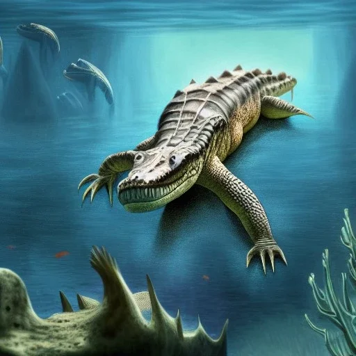 beautiful, stunning paleoart of alligator with fins for legs and fishtail deep underwater, coral reefs, plants, in the style of eleanor kish, davide bonadonna, julius csotony, fabio pastor, wide field of view, Masosaurus, photorealistic, illustrative, digital art, 8k resolution, detailed matte, painting, artwork, deviantart