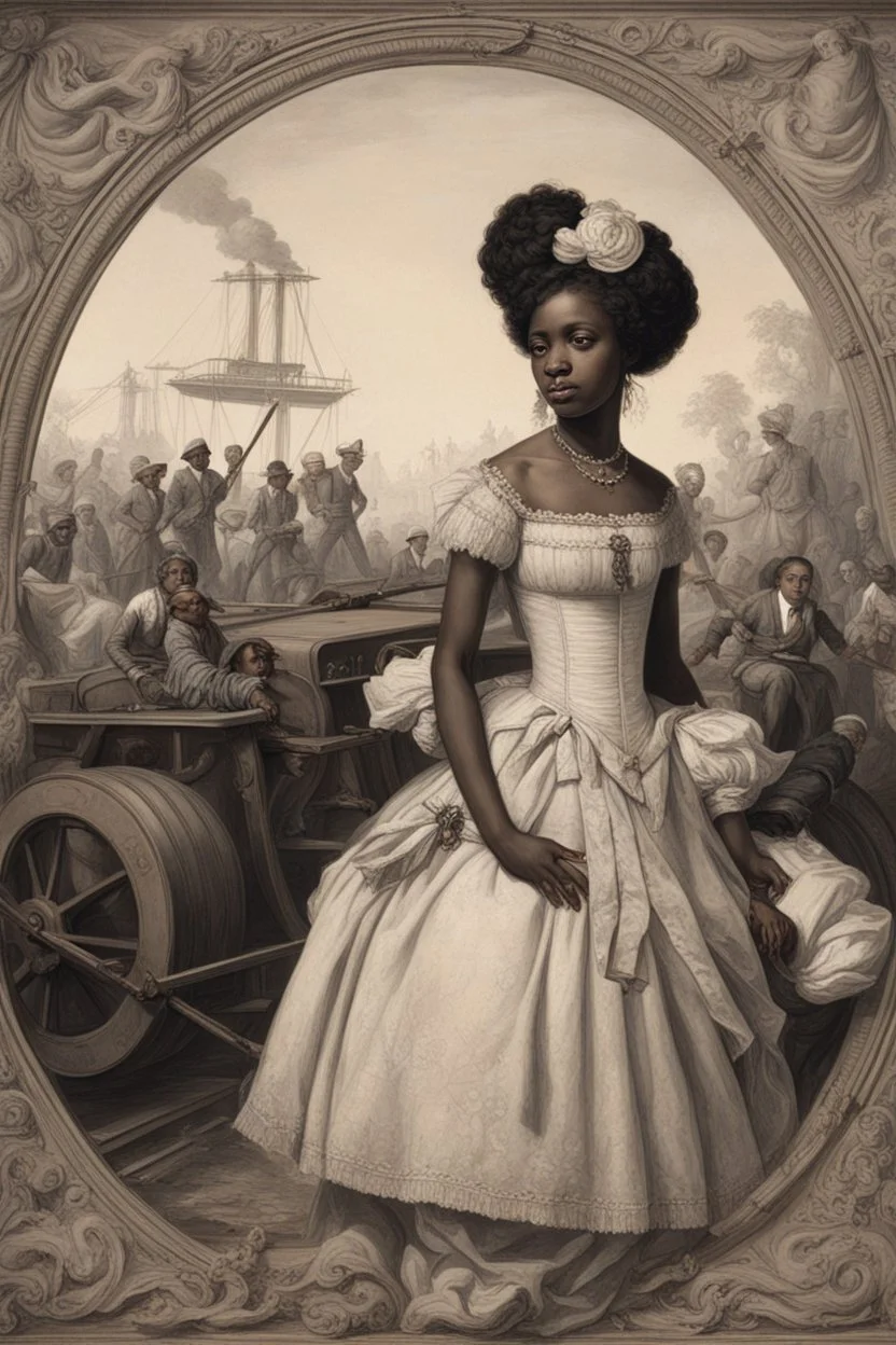 Create an image representing the "fancy girl" industry controlled by Armfield and Franklin, with scenes of transportation and trade. Depict the contrast between the lives of slaves considered "fancy girls" and other slaves during that era.