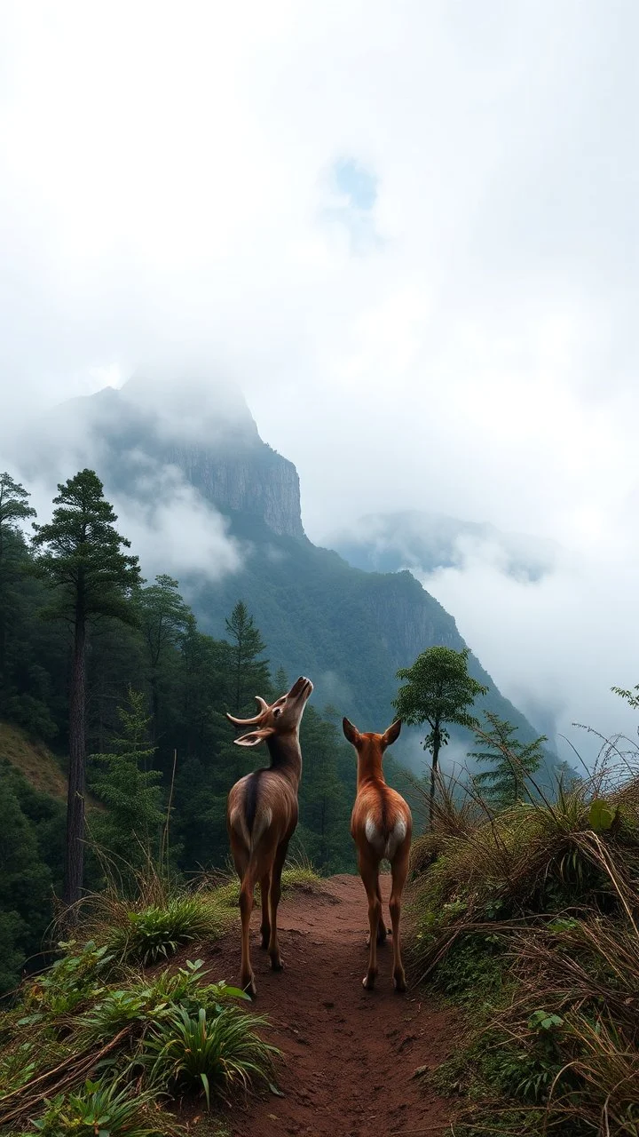 A trail between two mountains peaks in the Amazon side view , , two dears are looking up to the sky below is a huge wood top view , foggy, misty , adventures