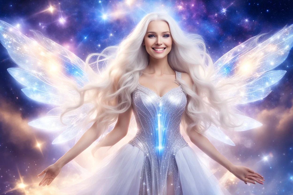 very beautiful cosmic women with white long hair, smiling, with cosmic dress and crystal wings. in the background there is a bautiful sky with stars and light beam