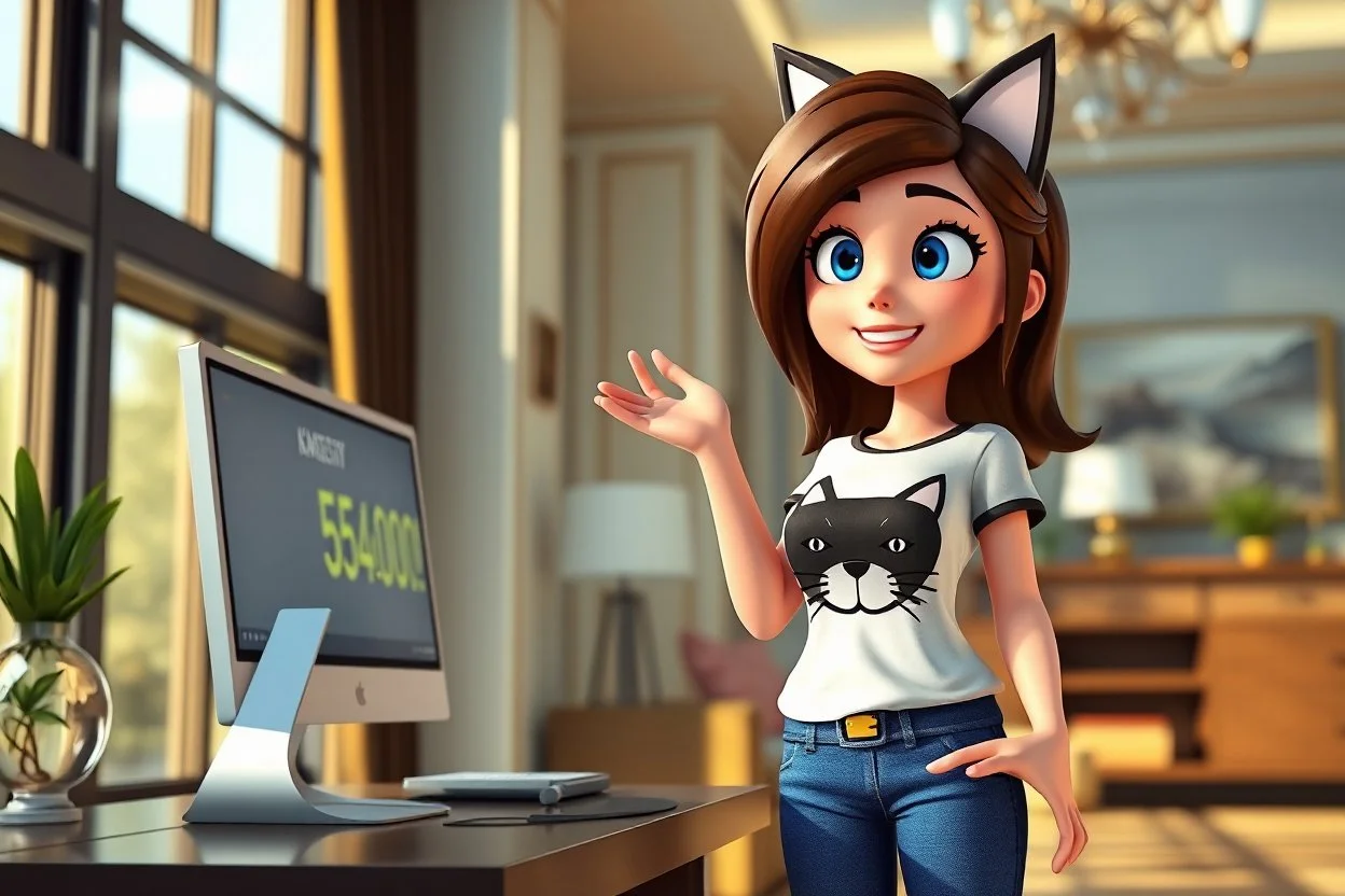 3D video game character, brunette woman with blue eyes in t-shirt with a cat head on it, blue jeans, standing happily shocked looking at a computer on a desk, there is a sign on the monitor "54000!!!" in an elegant modern room in sunshine