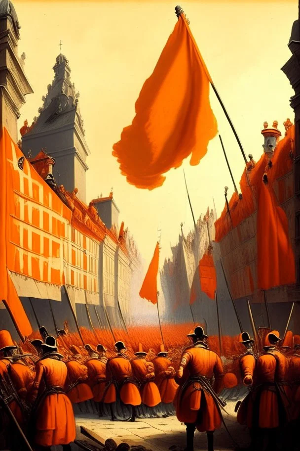 Army of soldiers from the 1700s putting a orange flag in the middle of a city