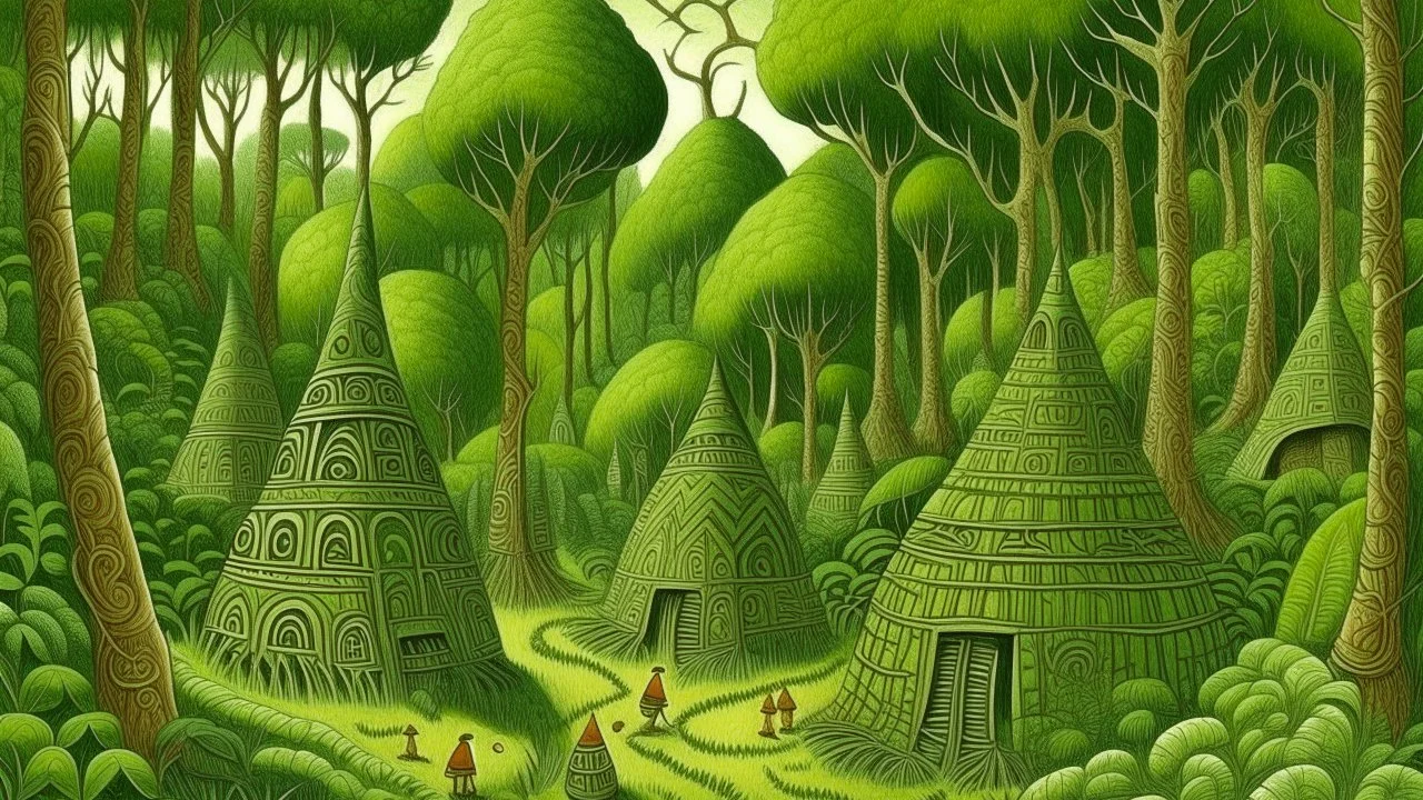 A green forest with elven huts designed in ancient Egyptian hieroglyphics painted by Edward Hicks