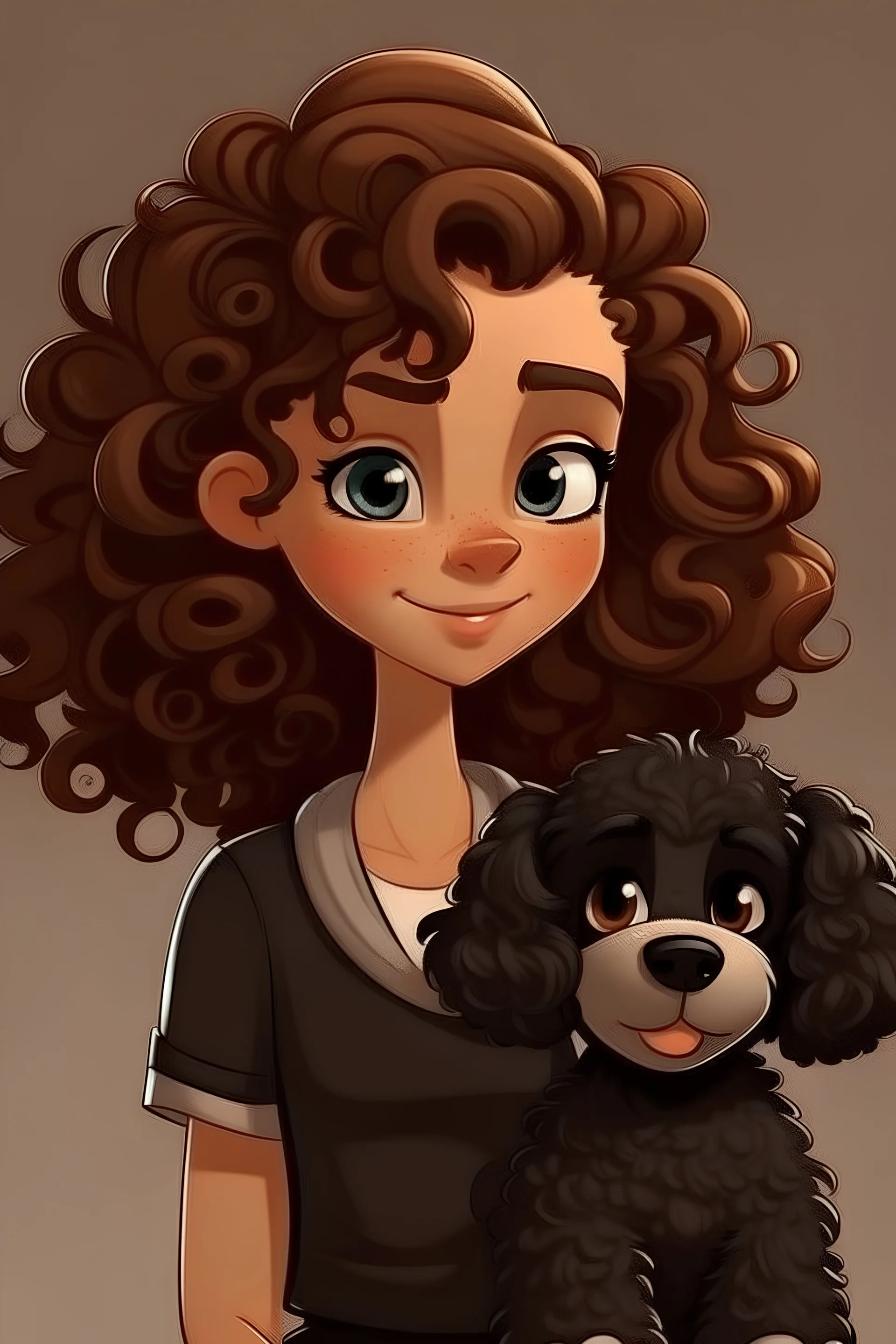 Menina com cabelo ondulado castanho claro abaixo do ombro,olhos CASTANHOS escuros , com um cachorro poodle preto , Disney Pixar