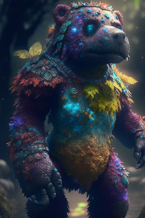 Humanoid teddy bear dinosaur guardian alien,FHD, detailed matte painting, deep color, fantastical, intricate detail, splash screen, complementary colors, fantasy concept art, 32k resolution trending on Artstation Unreal Engine 5