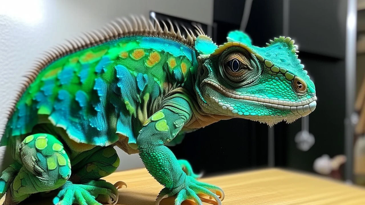 Chameleon and bathroom: both can be places of dramatic transformation—a chameleon changing its color, a bathroom transforming a person through cleansing and grooming.