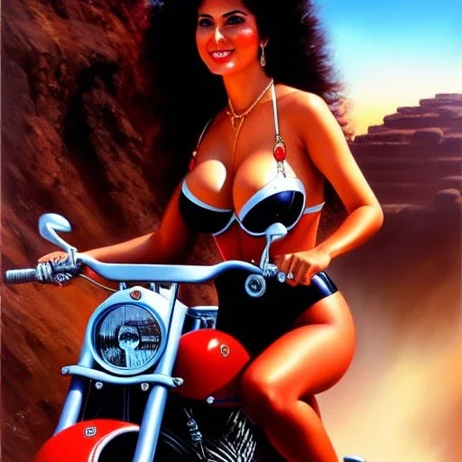 portrait of busty beautiful 'Female Rider on Akira's Bike',painting by Earl Norem, simon Bisley, evan lee, 86-86, oil on canvas, cinematic composition, extreme detail,fit full head inside picture,8k