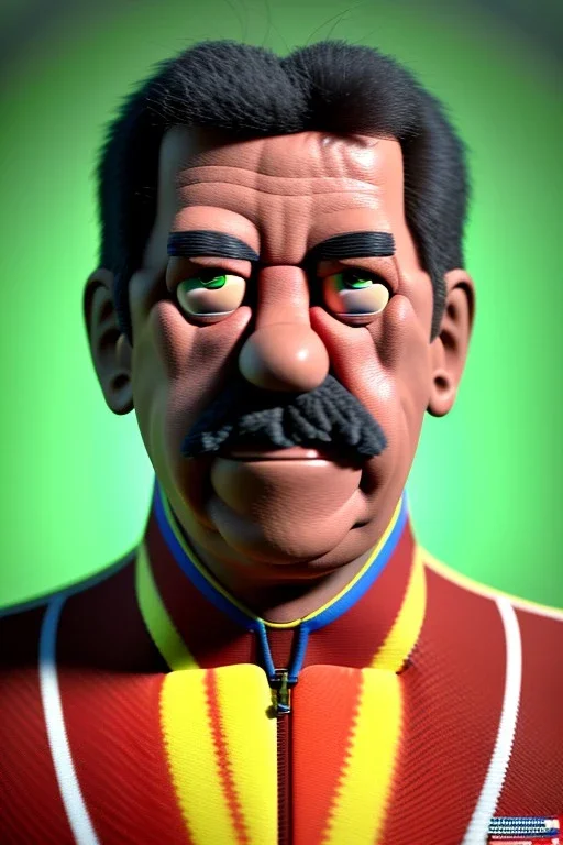 Waist up muppet Portrait, Nicolas maduro us muppet doll, Venezuelan president, tracksuit red blue and yellow, mustache, photo studio, red background, unreal engine 5, concept art, art station, ray tracing, lumen lighting, ultra detail, volumetric lighting, 3d.