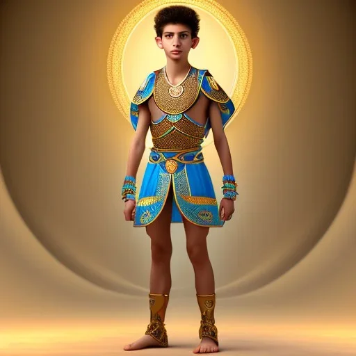 beautiful 12 year old arabic boy with curly hair and light blue eyes dressed in transparent loincloth, wearing a necklace