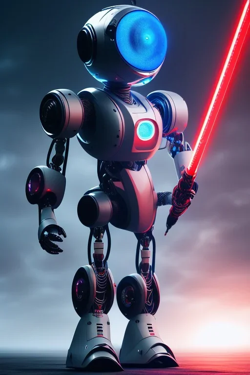 robot, red eyes, blue hair, light sword