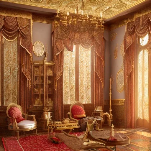 house arabic marbre wihte floor with golding details ,big window , fontains , bougainvillea red , Library ، Silk curtains ، Silk curtains ، morning light ، Decorative oil burners ، 4k , realistic , cinematic , morning light ، reflection