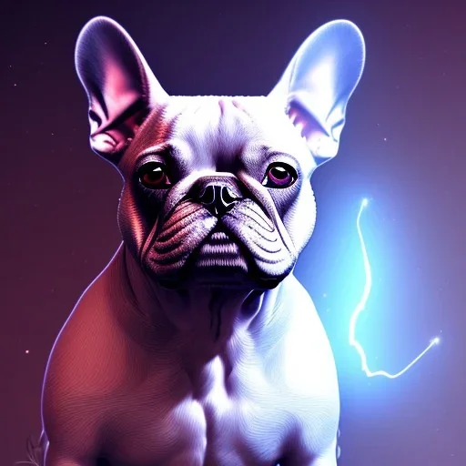 french bulldog from the future a detailed illustration of a french bulldog, phoenix bird wallpaper, luminescent body, full body, symmetrical body, realistic, glowing muscles, sharp focus, meticulously detailed, soft evening sky, 64k