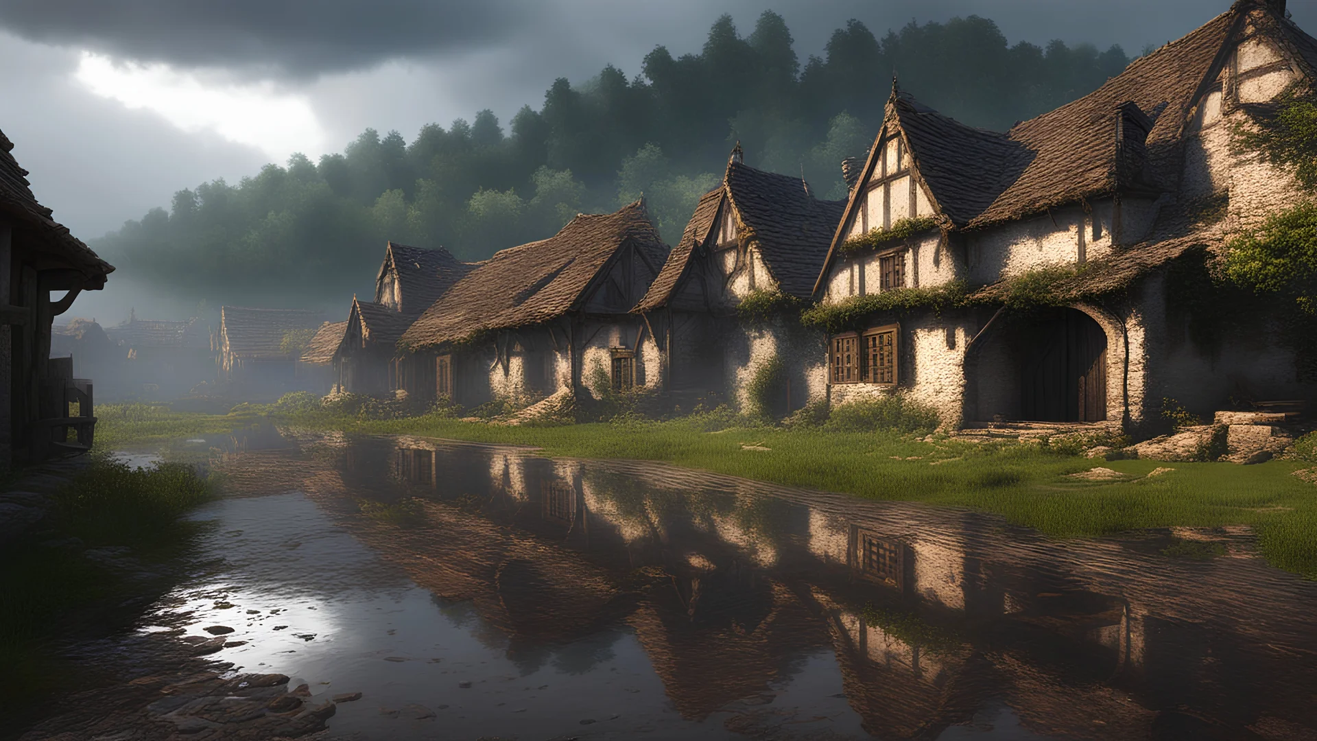 medieval, octane render, unreal engine, render of old village, rainy weather, dirt, reflections, dramatic lighting