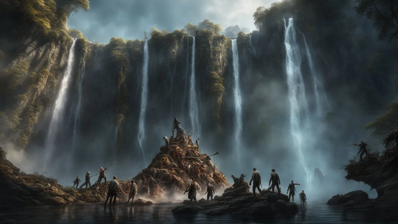 rotting zombies falling from the top of a 3.000 feet high waterfall. fantasy setting, horror. exquisite realism, a masterpiece, fantasy concept art, dynamic lighting, hyperdetailed, intricately detailed, deep color, Unreal Engine, volumetric lighting, Epic cinematic brilliant stunning intricate meticulously detailed dramatic atmospheric maximalist digital matte painting