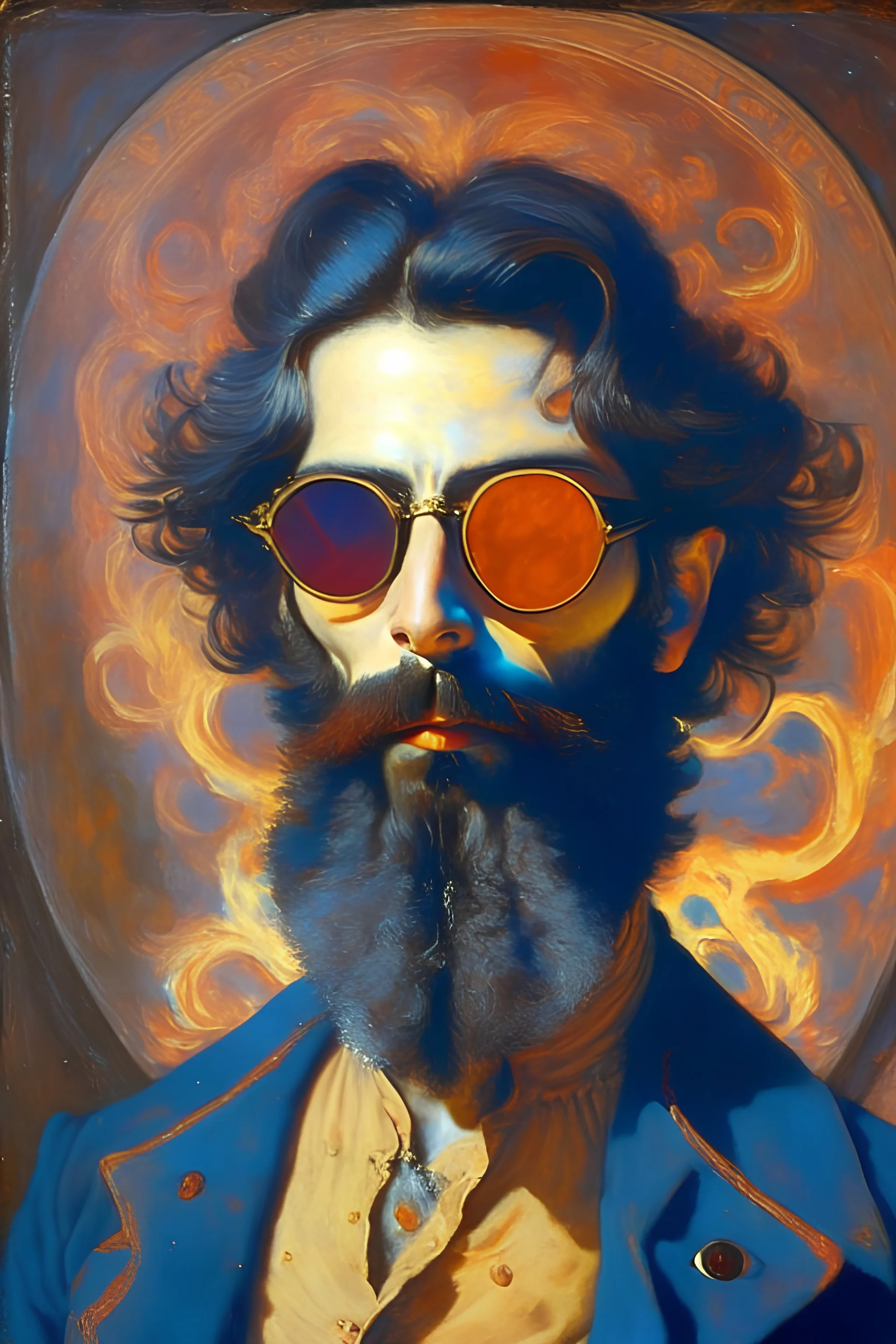 cosmic parisian painter of xix century with sunglasses short hair, beard and satanical aspect