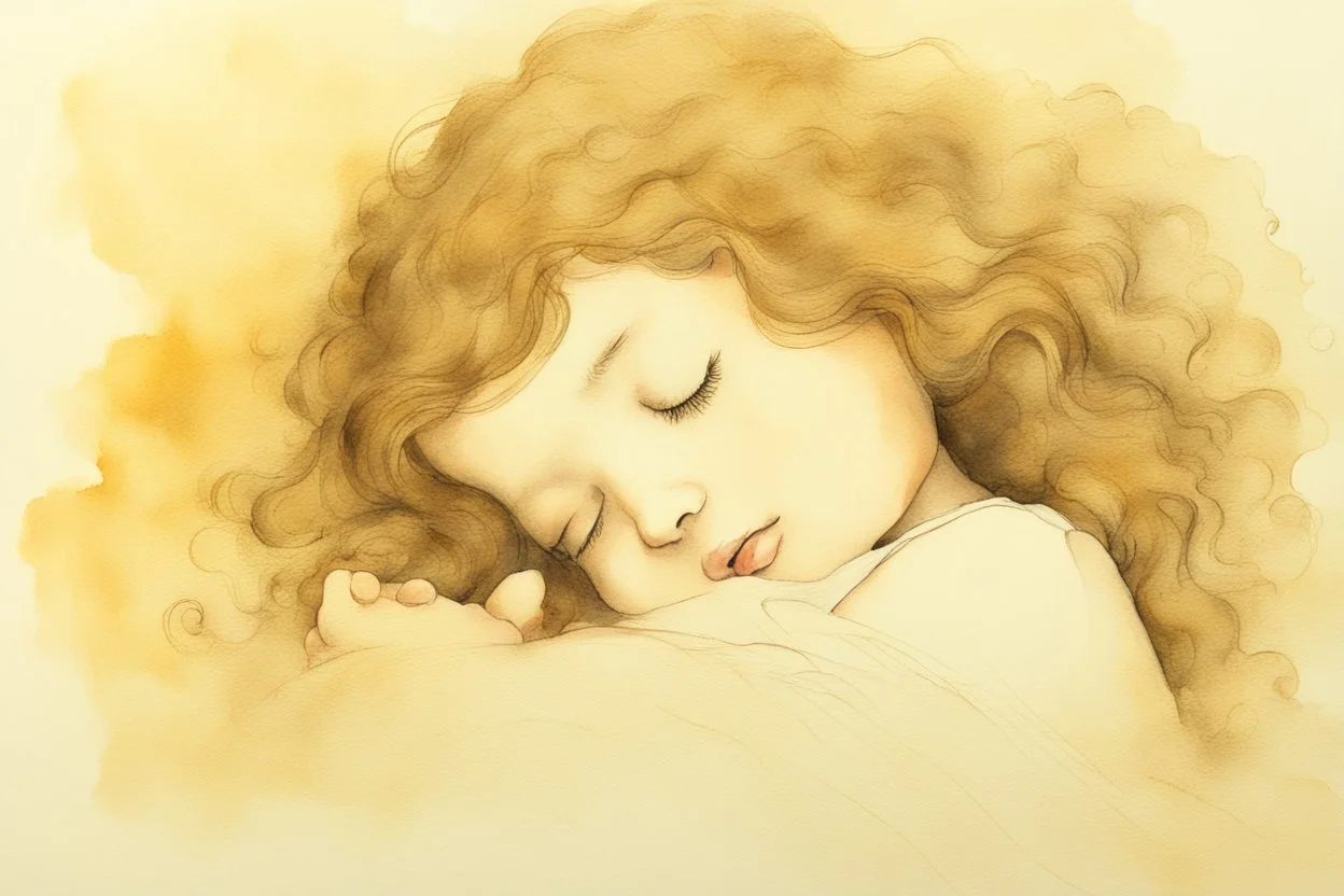 Small girl with long curly brown hair sleeping in god's hand (a big, clear hand) watercolor and ink, golden patina, glitters in ochre, backlit, mist and fog