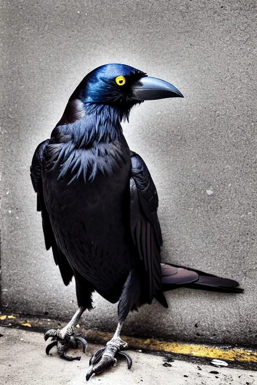 One single mature homeless crow with worn out clothes, sitting in a corner on the street, guitar standing on the left side, Vienna, mourning, perfect iris, model style, hyper realistic, extremely accurate, delicate, extremely detailed, Graphic novel style, wide-angle, open aperture, superfine pencil