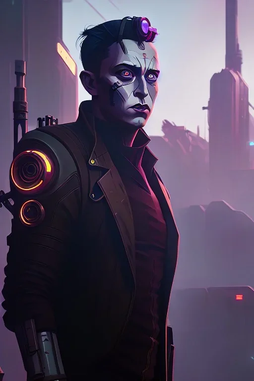 A portrait of post-apocalypse cyborg ELON MUSK in a cyberpunk city, sci-fi fantasy style, volumetric lighting, particales,highly detailed,cinamatic, deep colours,8k.