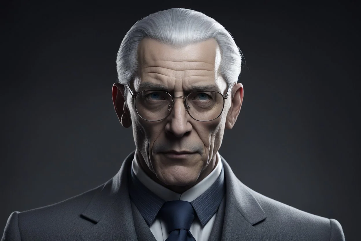 Высокий, сухопарый мужчина лет 50-ти с жёсткими чертами лица, словно высеченными из камня. Седые волосы, зачёсанные назад, и холодные серые глаза, которые кажутся пронзительными, как лезвие. Носит строгие трёхсоставные костюмы (часто тёмно-синие или чёрные) и очки в тонкой металлической оправе. На шее – цепочка с печаткой