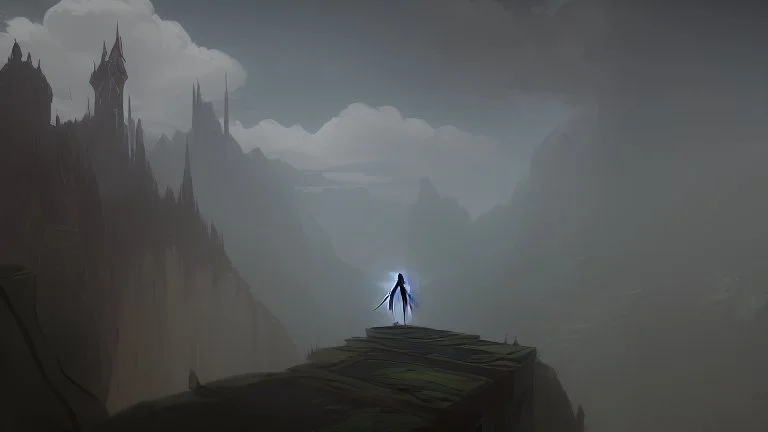 Sorcerer in white robe and hood approaches castle on a cliff