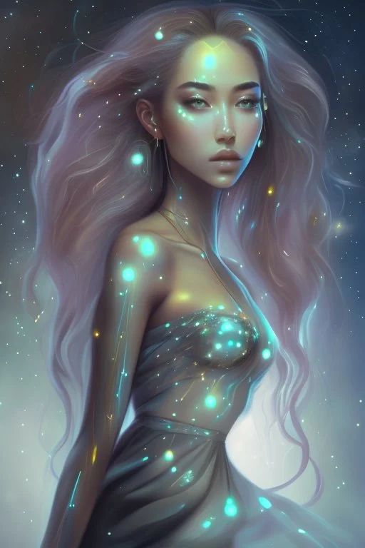 gorgeous female humanoid, stepping forward, looking over shoulder, piercings, beautiful face, mesmerizing starry eyes, smooth translucent skin, transcendental