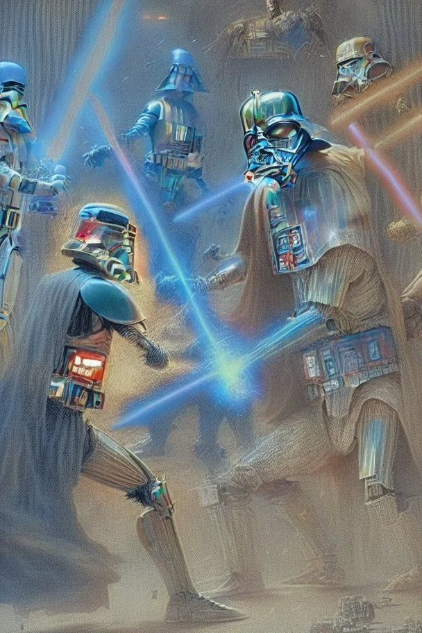 Darth Vader battling Luke Skywalker with lighsabres, while C3PO and R2D2 look on in horror.