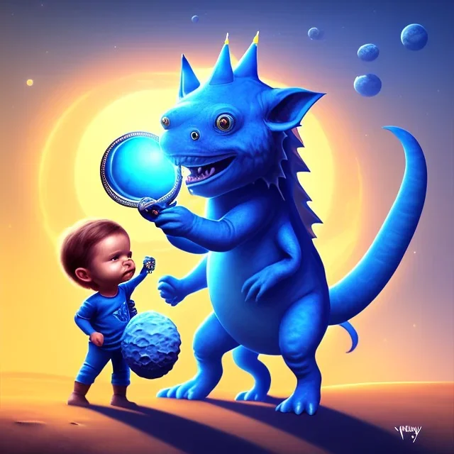 1yo little szymon is on safari onthe moon. petting a blue dinosaur. he has big binoculars and a funny hat. High detailed. Cinematic. Digital painting. Warm lights.