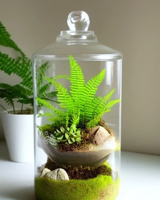 lush fern terrarium in a bell jar, symmetrical, warm colors, warm lighting, linen backdrop