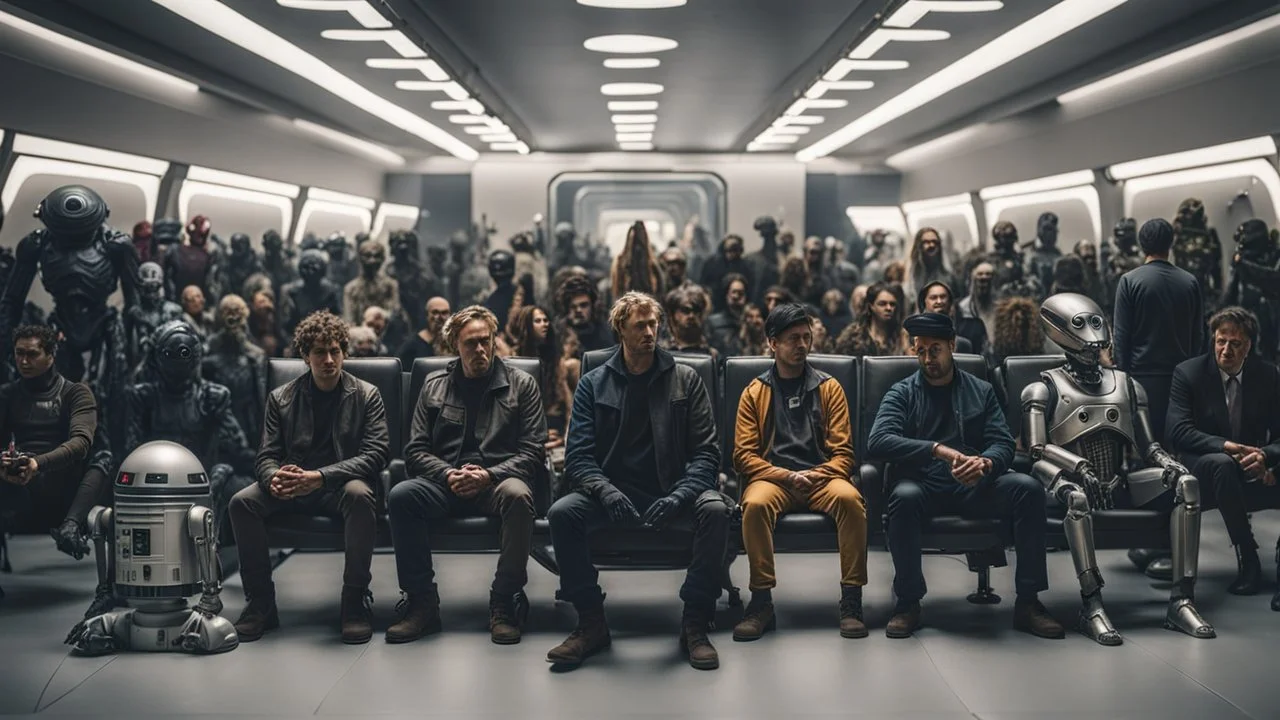 photo from the futuristic waiting room of a studio, a large crowd waits in a giant room. the aliens mutant humans, strange fantastical creatures, droids, and a few human-like beings of all sizes, colors, shaped and looks, stand in the crowd. high detalied, sharp focus, photorealistic, sci-fi style Professional photography, bokeh, natural lighting, canon lens, shot on dslr 64 megapixels , hd