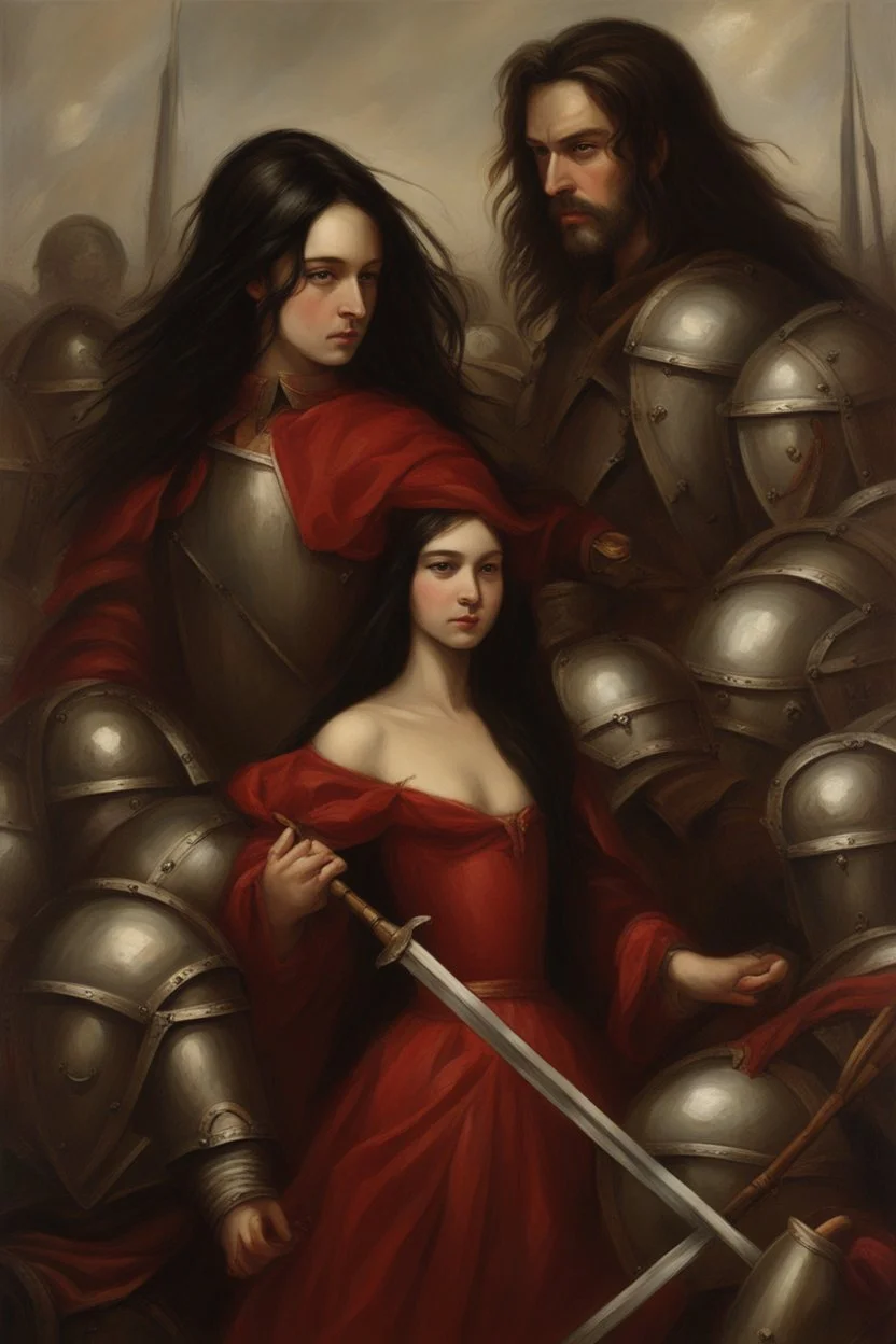 Oil painting Knights and princess wearing a dark red dress and long black hair Very in a battlefield