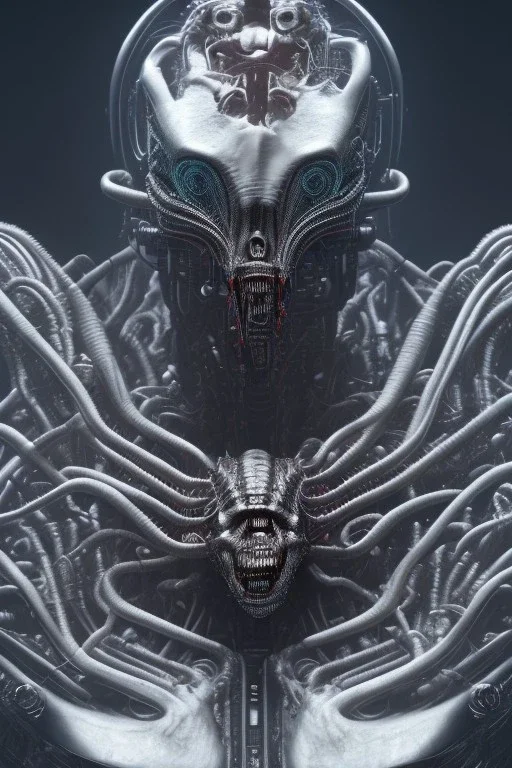 evil predator with crown, alien, brutal face, tron, head, bitcoin eyes, 8k, finely detailed, dark light, photo realistic, hr giger, cyberpunk