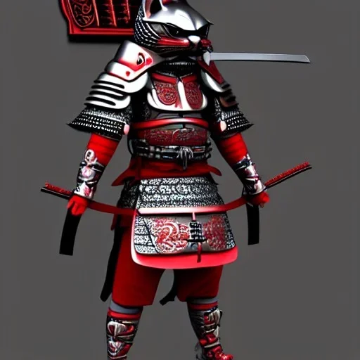 Personnage détaillé, chat, anthropomorphique, habillé comme un samurai, armure très détaillé, rouge, argent, modélisme 3d