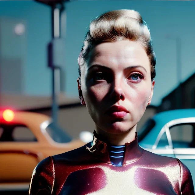 Ultra Realistic retro sci-fi movie explosion Supermarket parking people scene, 1960 year, waist up view portrait, 1 blonde women, sweet scarlet Johansson face, perfect iris, glow eyes, face makeup, tight latex coat. many people looking, Retro sci-fi style, soft color, highly detailed, unreal engine 5, ray tracing, RTX, lumen lighting, ultra detail, volumetric lighting, 3d, finely drawn, high definition, high resolution.