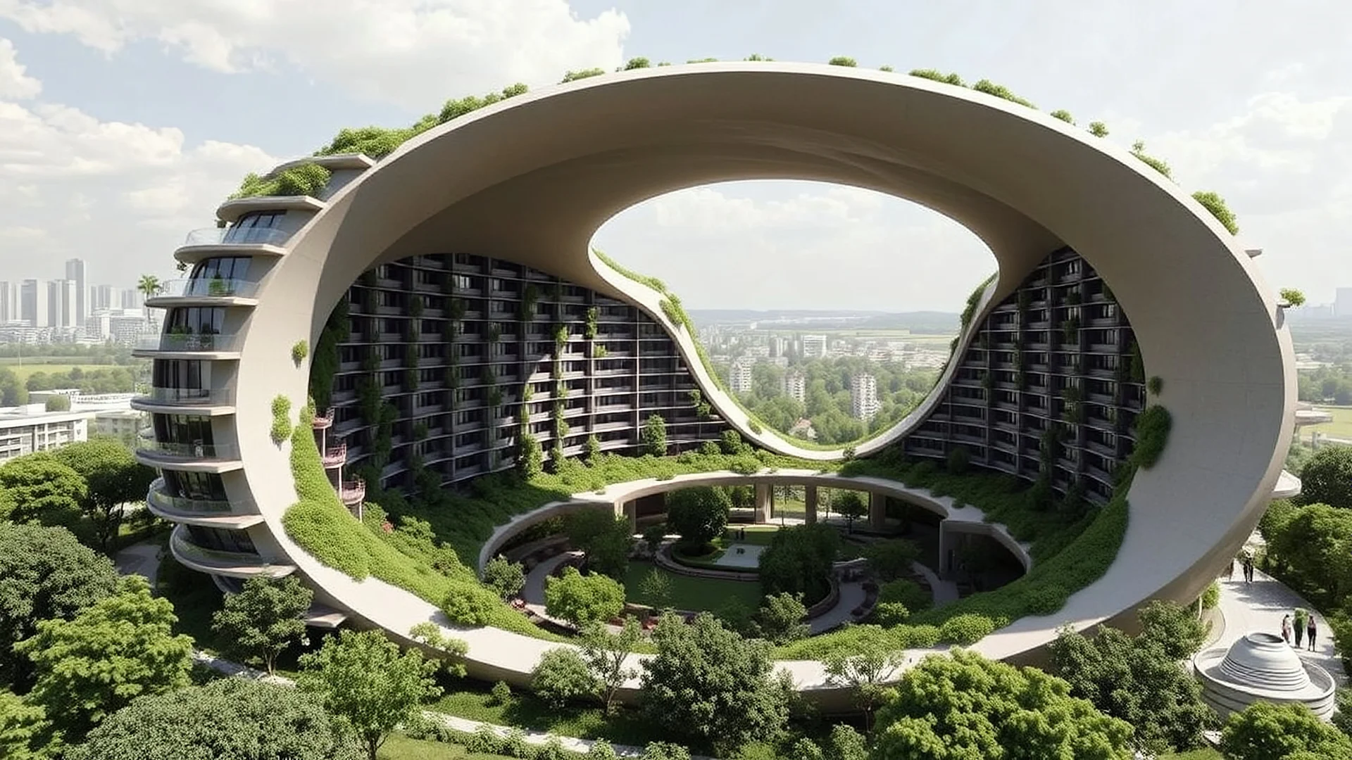 A unique residential complex designed as a large, smooth torus (doughnut) shape. The circular structure encloses a lush, green courtyard, and the outer walls are a mix of glass and vegetation. The curvature of the torus creates a sense of fluidity and unity, with the apartments arranged to follow the continuous curve of the building. Award-winning photograph.