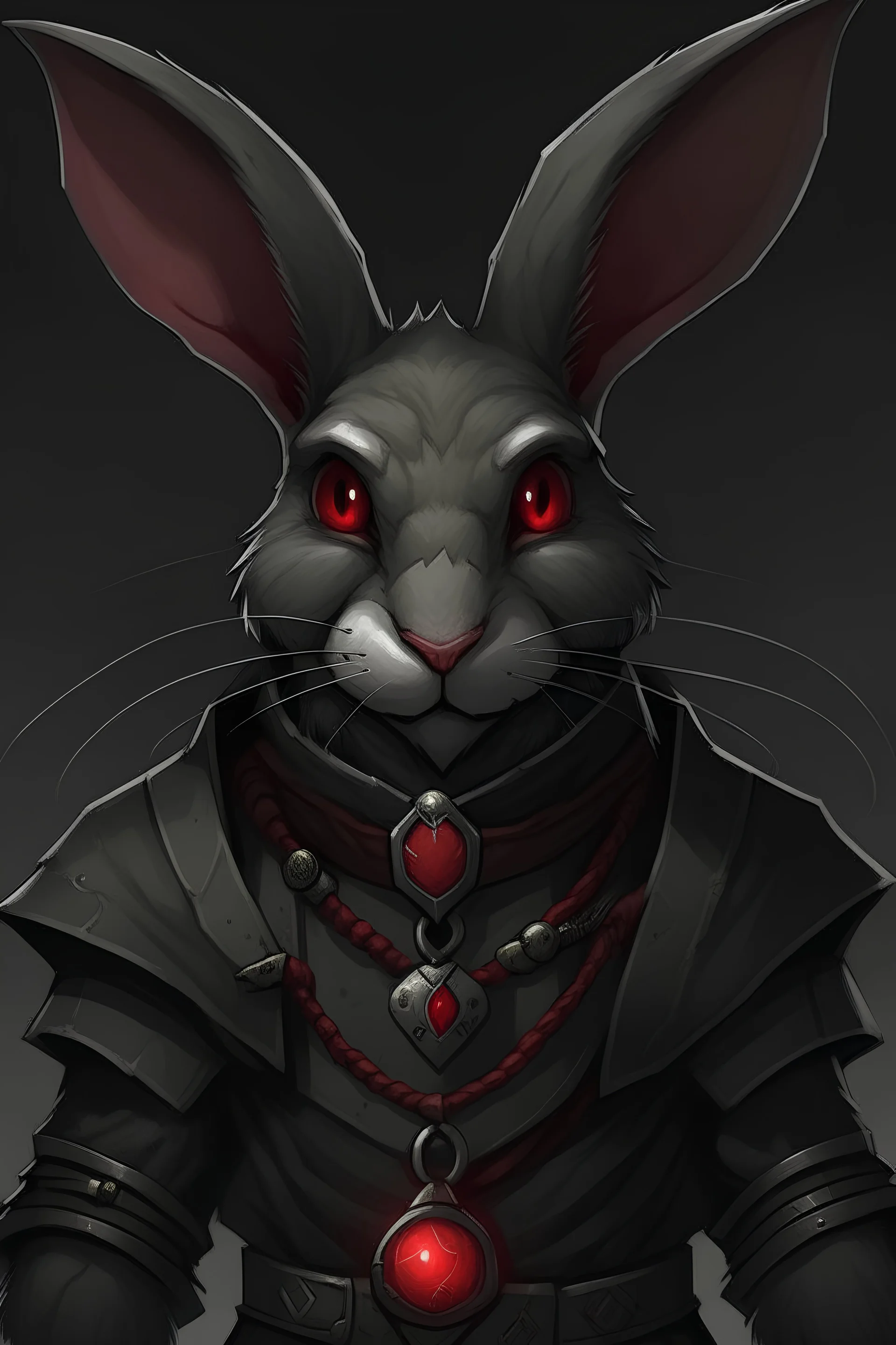 dark grey rabbitfolk rogue with red eyes and a red pendant