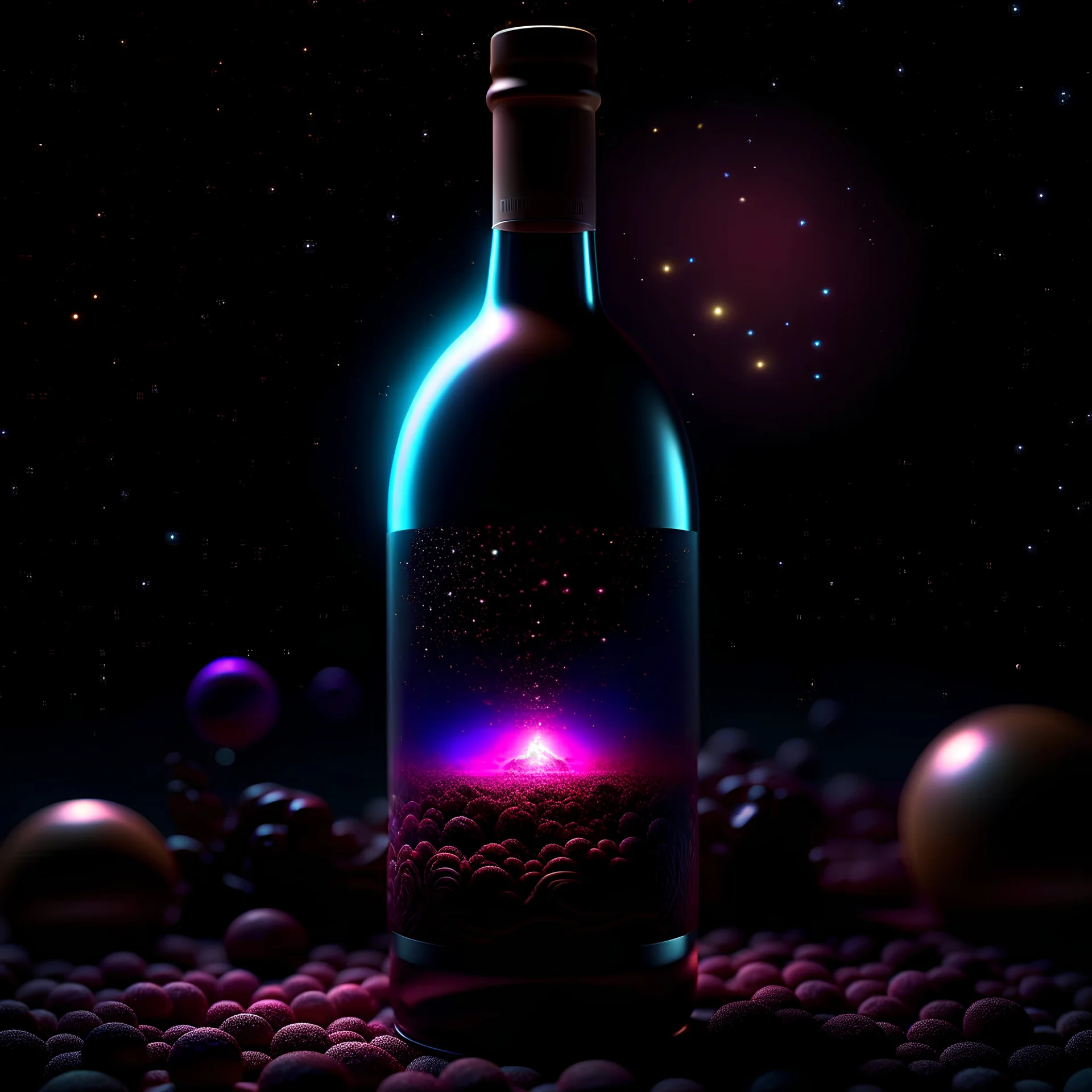 the entire observable universe in a single bottle of burgundy red wine, Dreamlike, Surreal landscapes, Mystical creatures, Twisted reality, Surreal still life, (Extremely Detailed Oil Painting:1.2), glow effects, god rays, Hand drawn, render, 8k, cartoon, octane render, cinema 4d, blender, dark, atmospheric 4k ultra detailed, cinematic sensual, Sharp focus, humorous illustration, big depth of field, Masterpiece, colors, 3d octane render, 4k, concept art, trending on artstation, hyper realistic