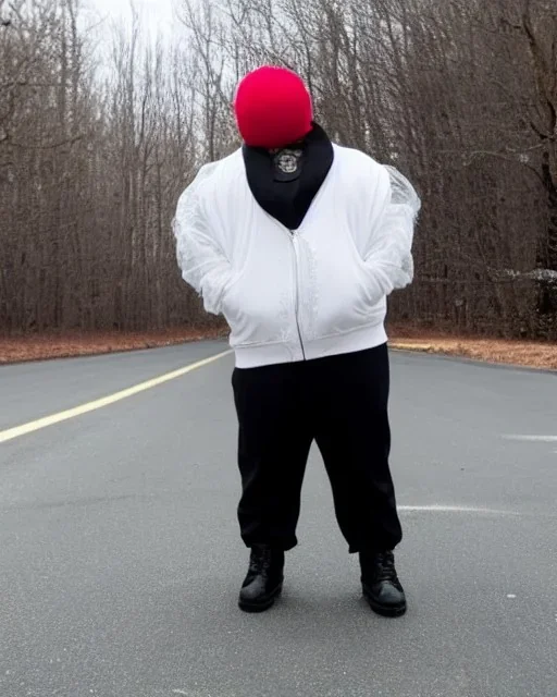 A short guy with a round head and big muscles wearing a net undershirt, a jacket, and a beanie that does not cover the ears. He has a small chain around his neck, baggy pants, and white wooden shoes.