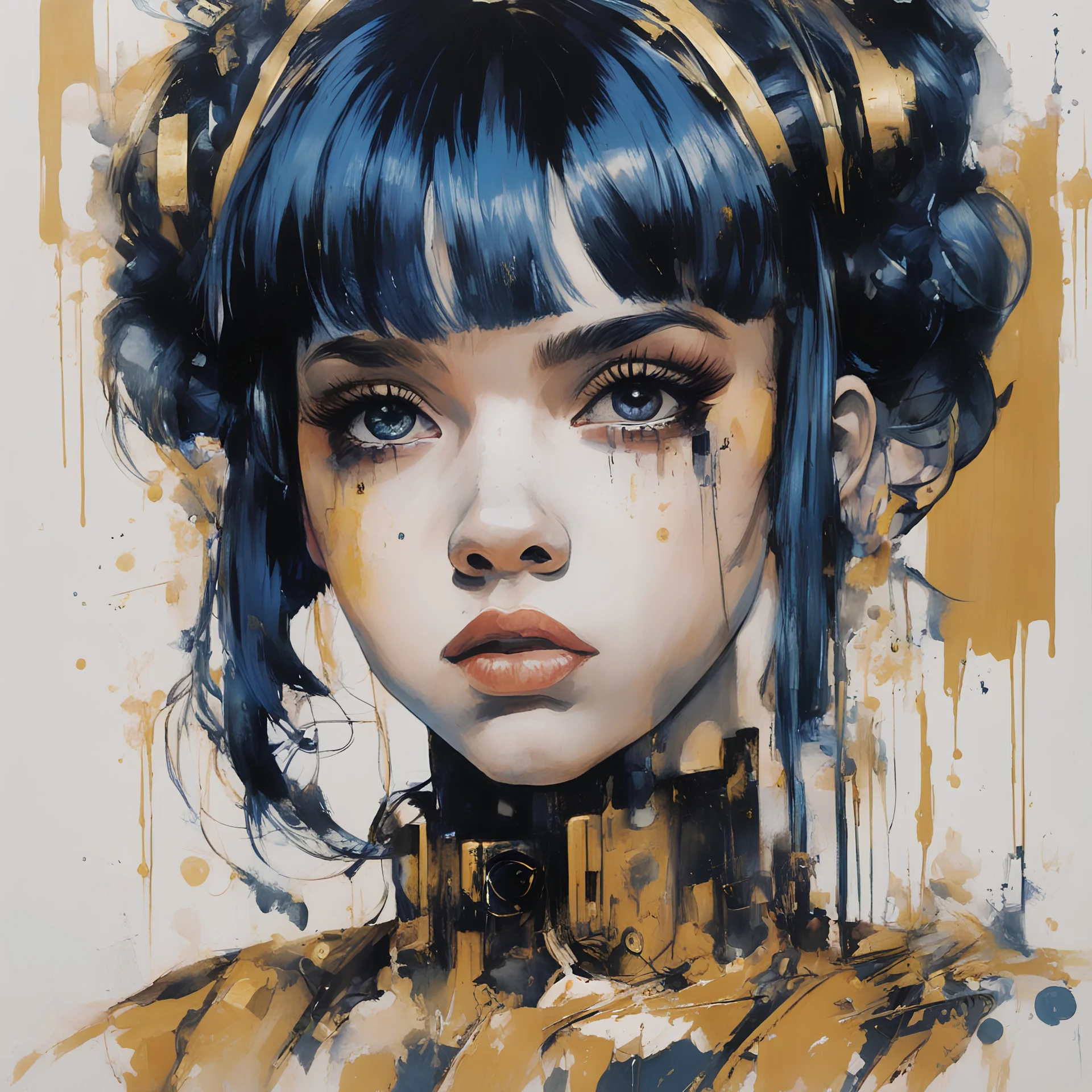 A portrait of a Singer Melanie Martinez face, cyberpunk, painting by Yoji Shinkawa, darkblue and gold tones,