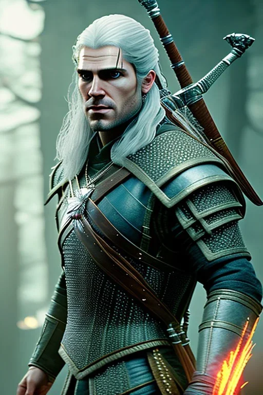 Henry cavil face, texture skin,Crystal yellow eyes, long white hair, wearing The witcher 3, realistic, 4k, intricate, best quality, fog particles, fire particles, octane render, vray, sword fire