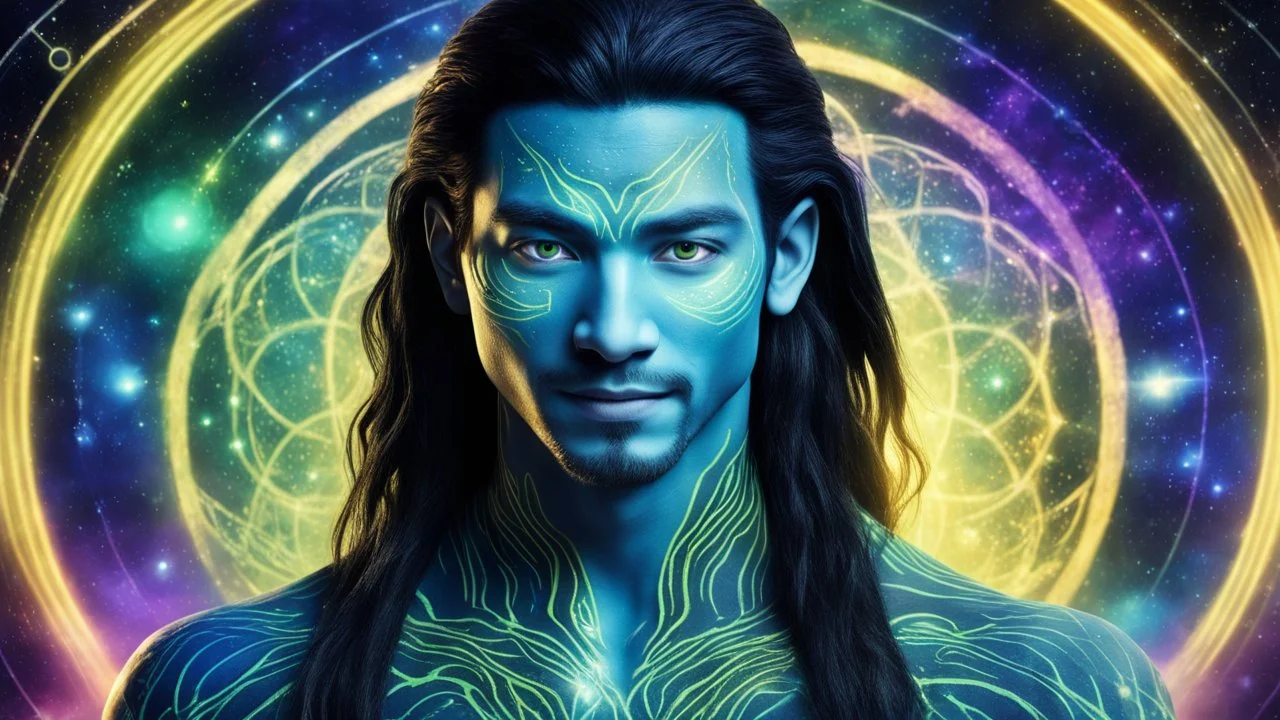 beautiful gorgeous young man na'vi with long hair, Avatar, blue skin, two small ears, green eyes, black hair, in cosmic suit, galactic ambiance, medium pointy goatee , smiling, nebulas and sacred geometry light figures on the backgroud,