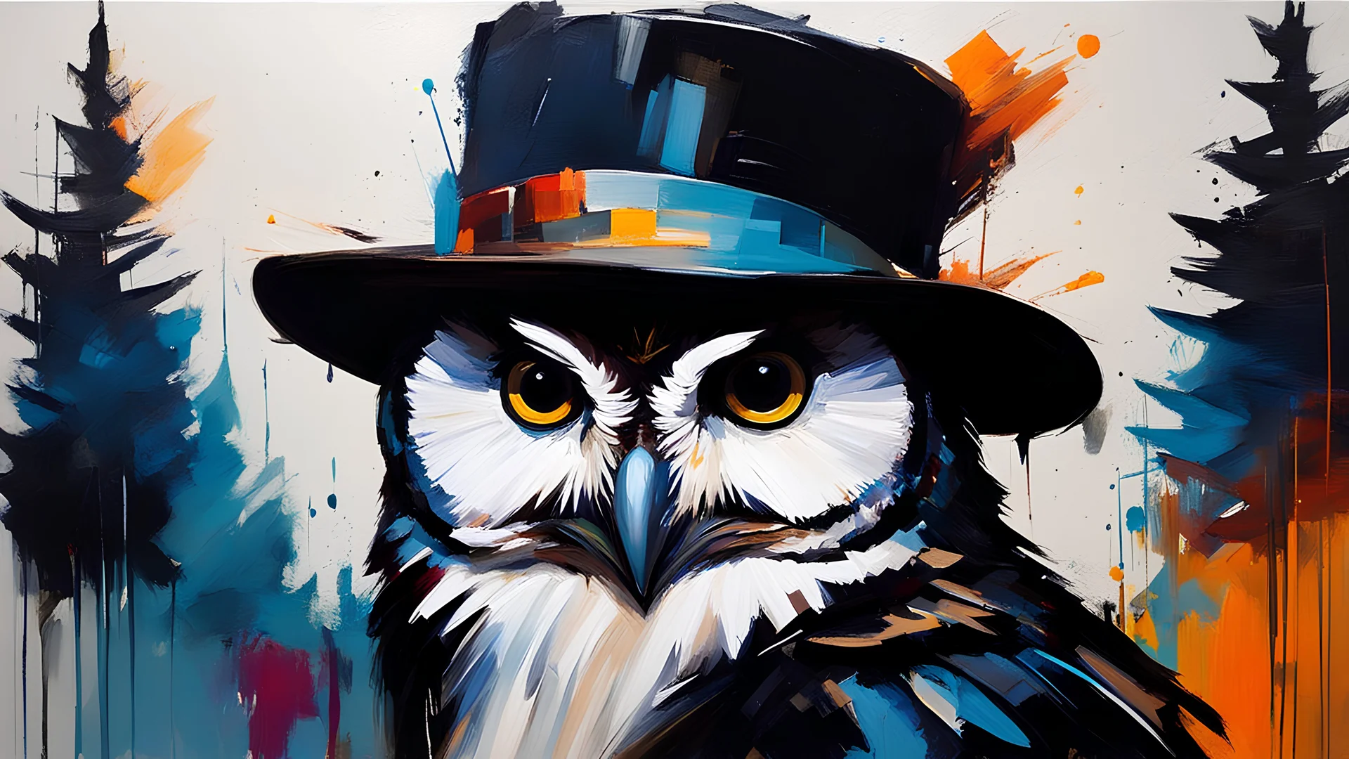 crylic illustration, acrylic paint, oily sketch, owl wearing hat, by [Iryna Yermolova | Conor Harrington]