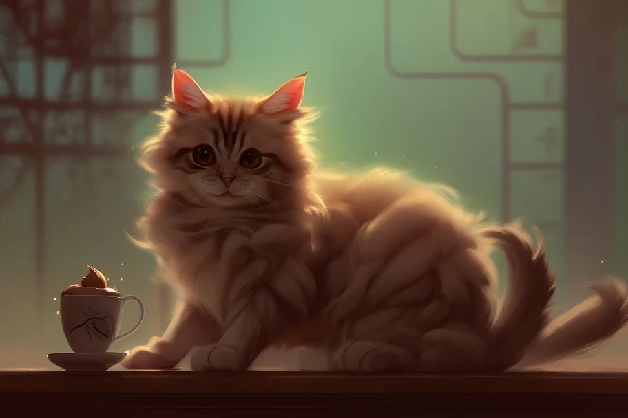 cute fluffy cat in a coffeehouse in sunshine Weight:1 detailed matte painting, deep color, fantastical, intricate detail, splash screen, complementary colors, fantasy concept art, 8k resolution trending on Artstation Unreal Engine 5 Weight:0.9