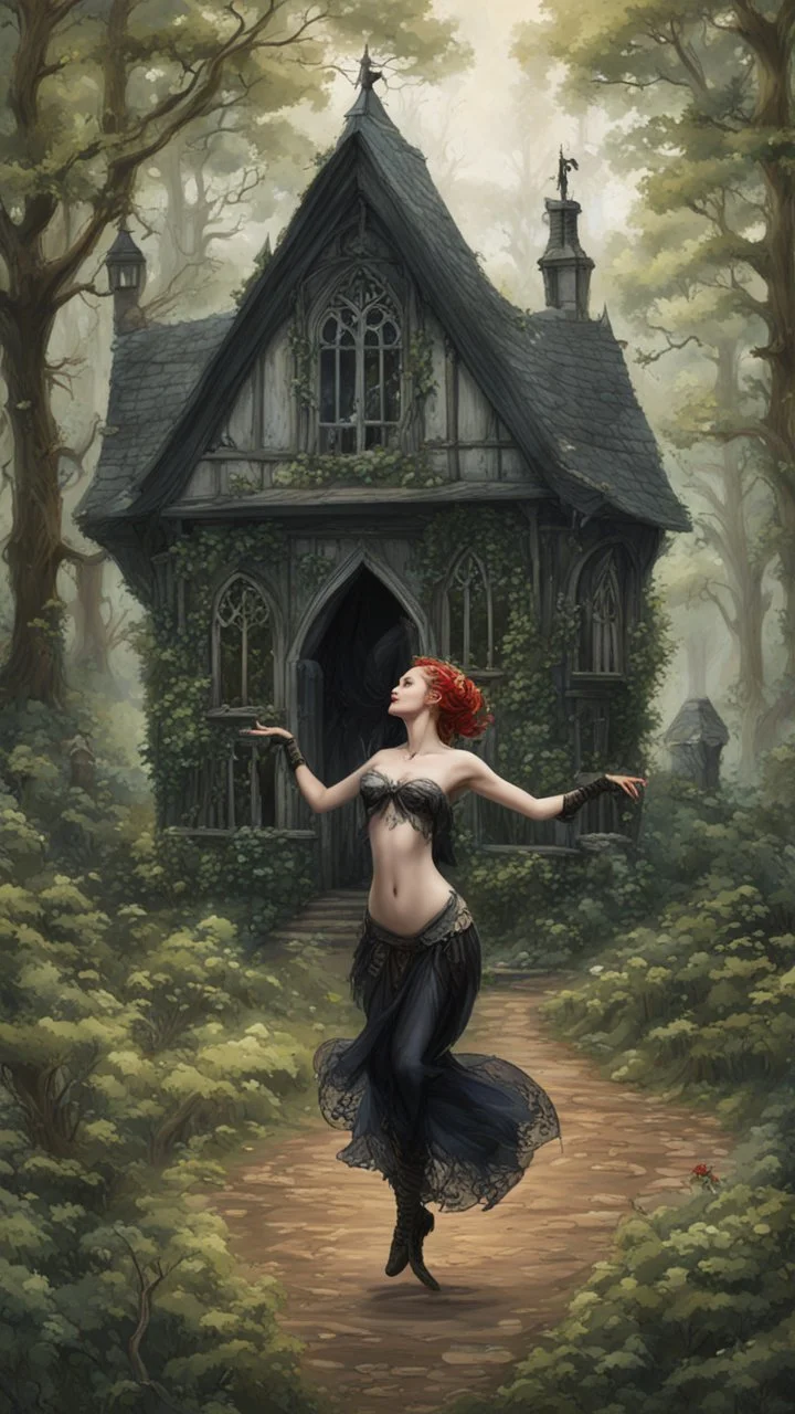 slim nymph dancing in a woodland clearing, with a gothic woodland house behind her.