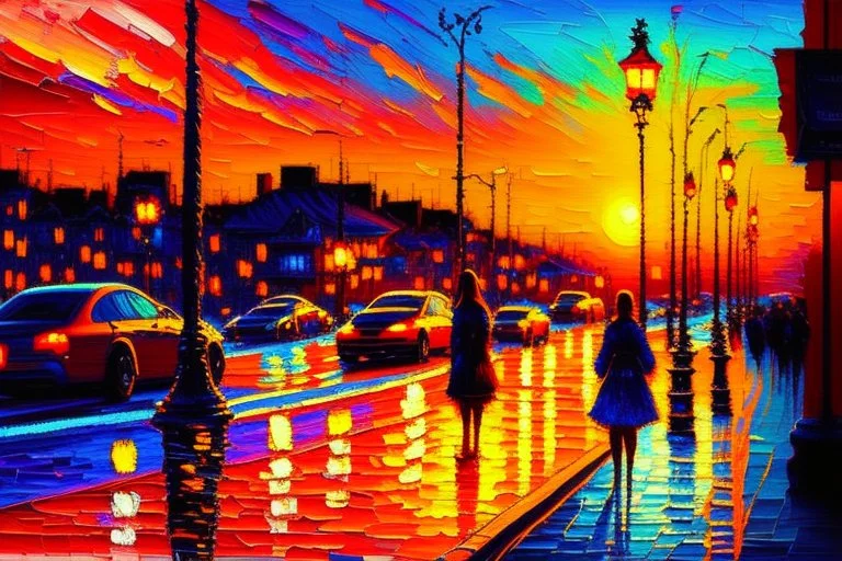 Sunset in the street, impressionism painting